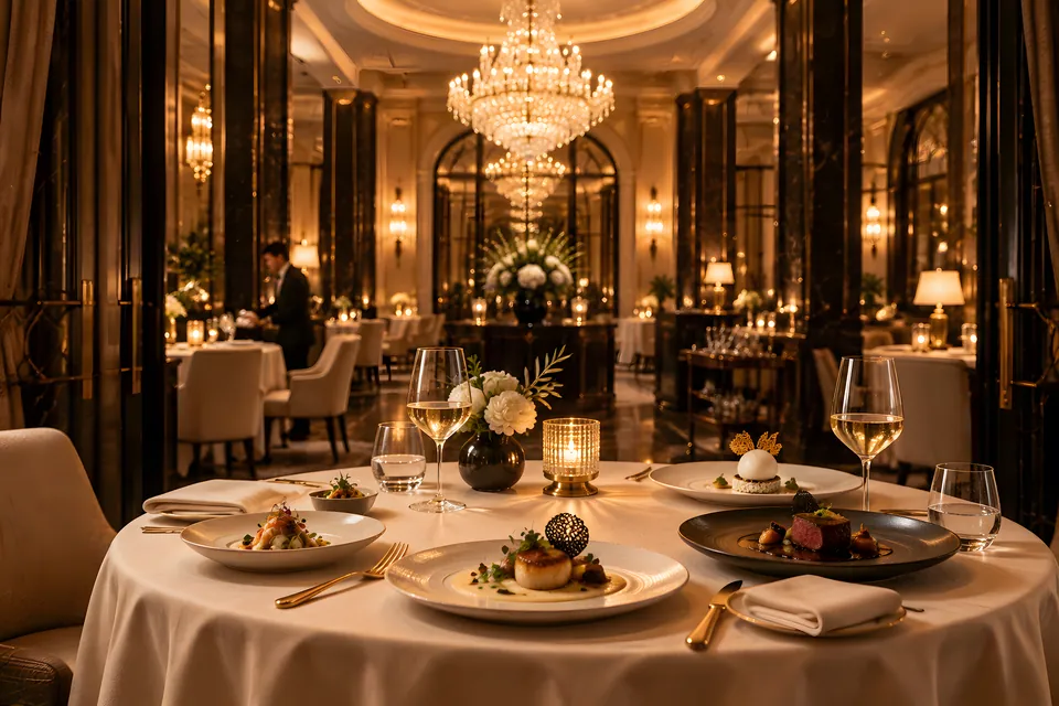 A round table laid for dinner beneath a crystal chandelier, tasting plates and white wine