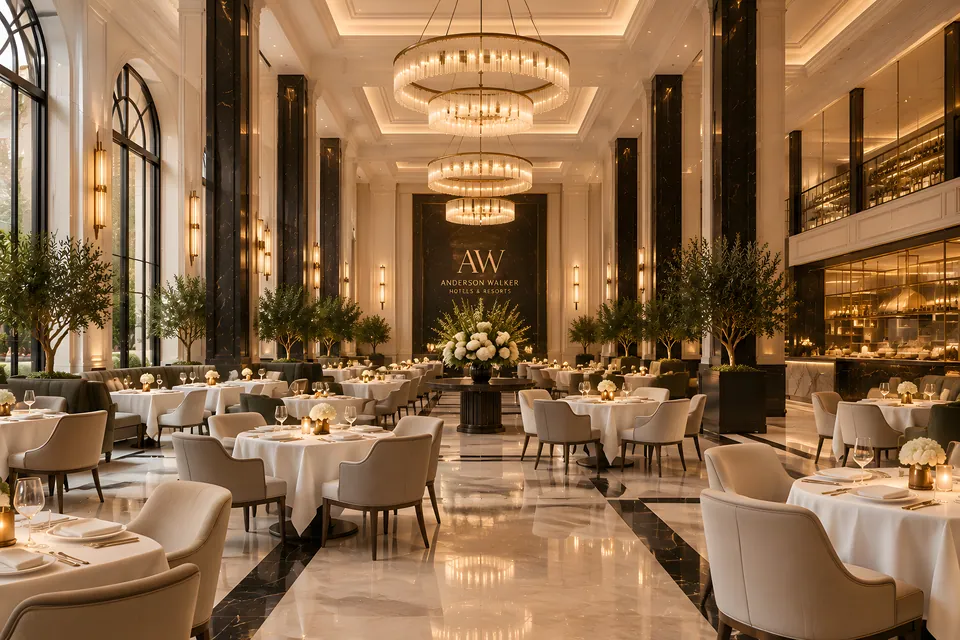 Dining room beneath cylindrical chandeliers, tables dressed in white