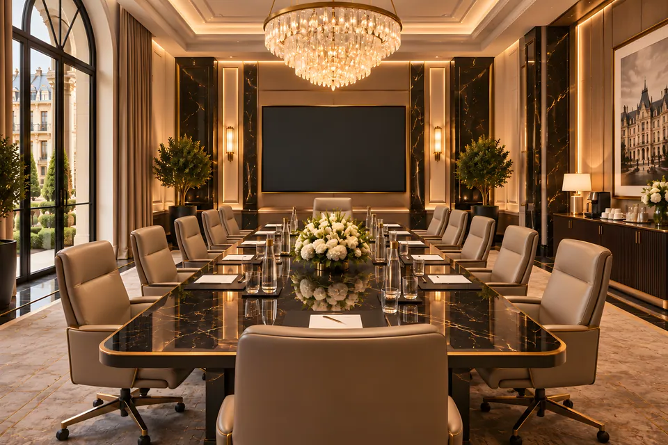 Private salon: a black marble table and a crystal chandelier