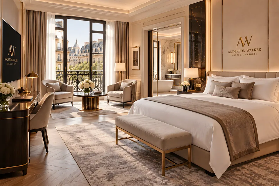 Deluxe Suite: bed, desk and balcony window onto the rooftops