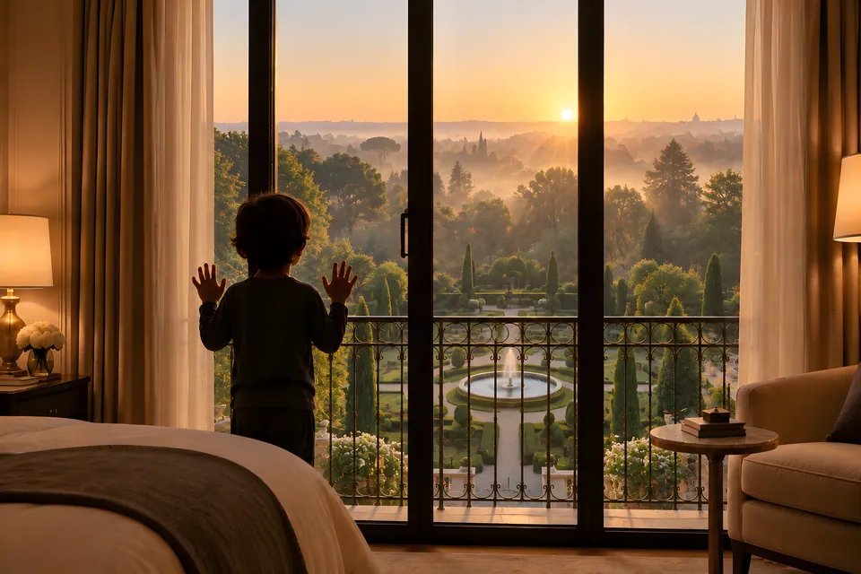 A child pressing both hands to the window, watching the sun rise over the gardens