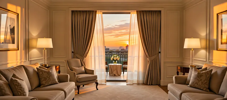 A sitting room at sunset: sheer curtains, a balcony and the city in gold light